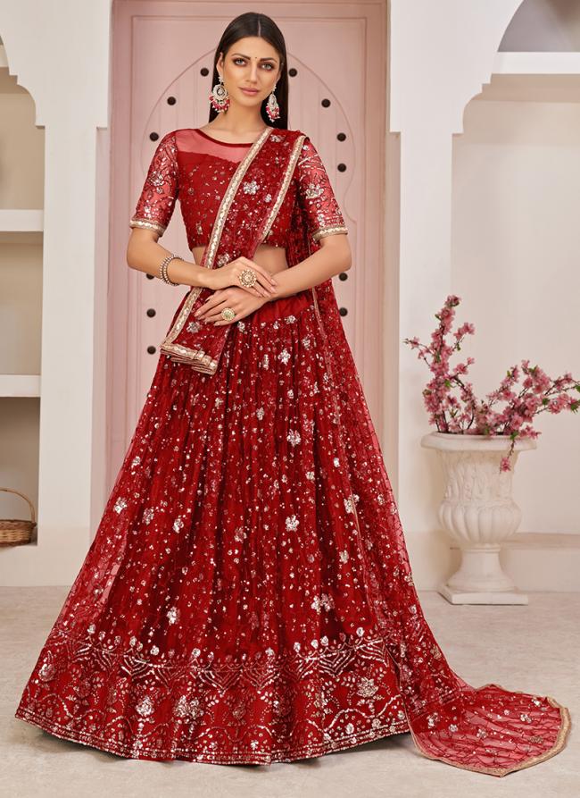 Butterfly Net Red Party Wear Embroidery Work Lehenga Choli